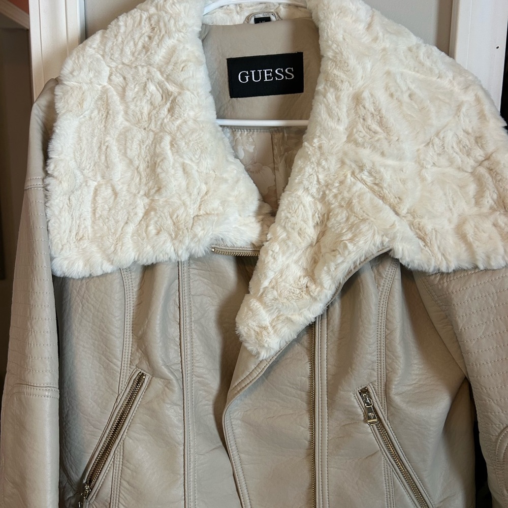 Guess Women's Leather Jacket with Cream Fur Collar